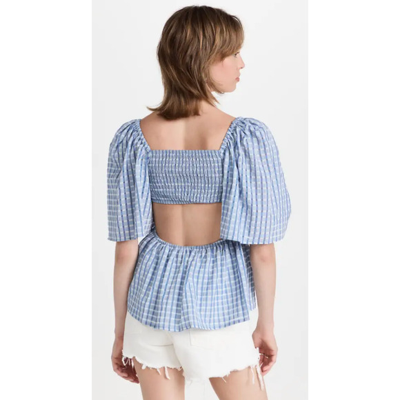 Anthropologie Stella Nova Penelope Smocked Blouse US 6 Blue Plaid Check Cutout - Picture 4 of 10